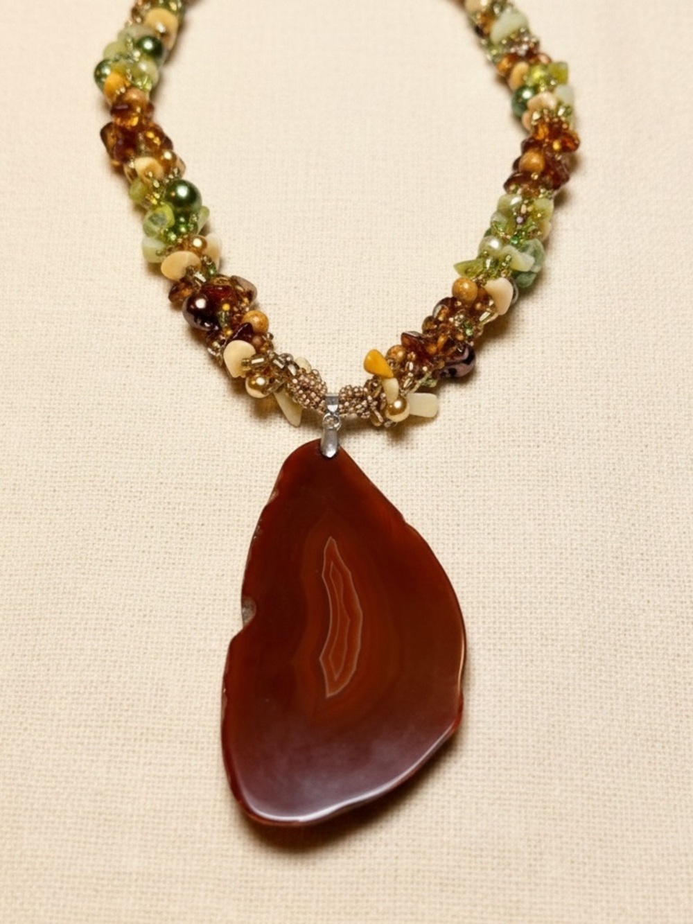 Artisan Chunky Carnelian Agate Slice Pendant Necklace, Carnelian Peridot Earthy